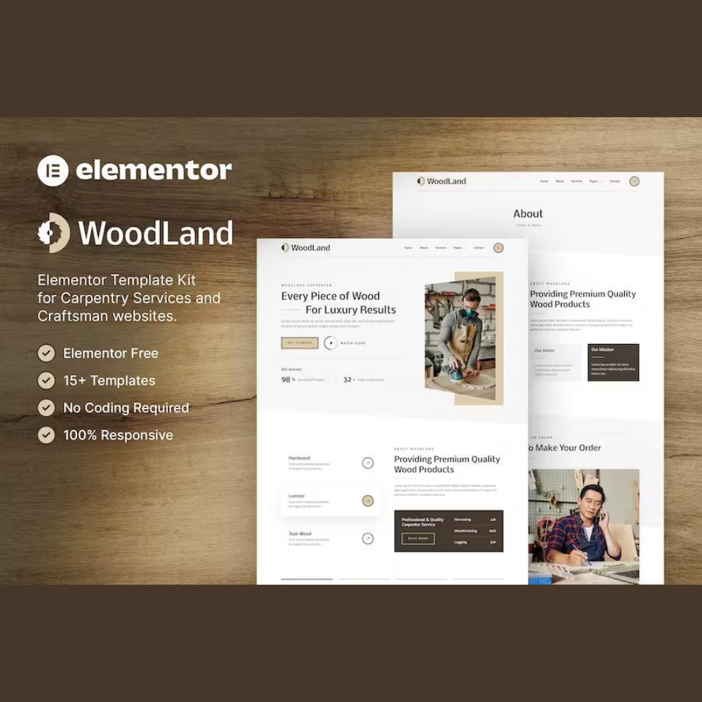 WoodLand – Carpenter & Craftsman Elementor Template Kit WoodLand – Carpenter & Craftsman Elementor Template Kit - Image 1